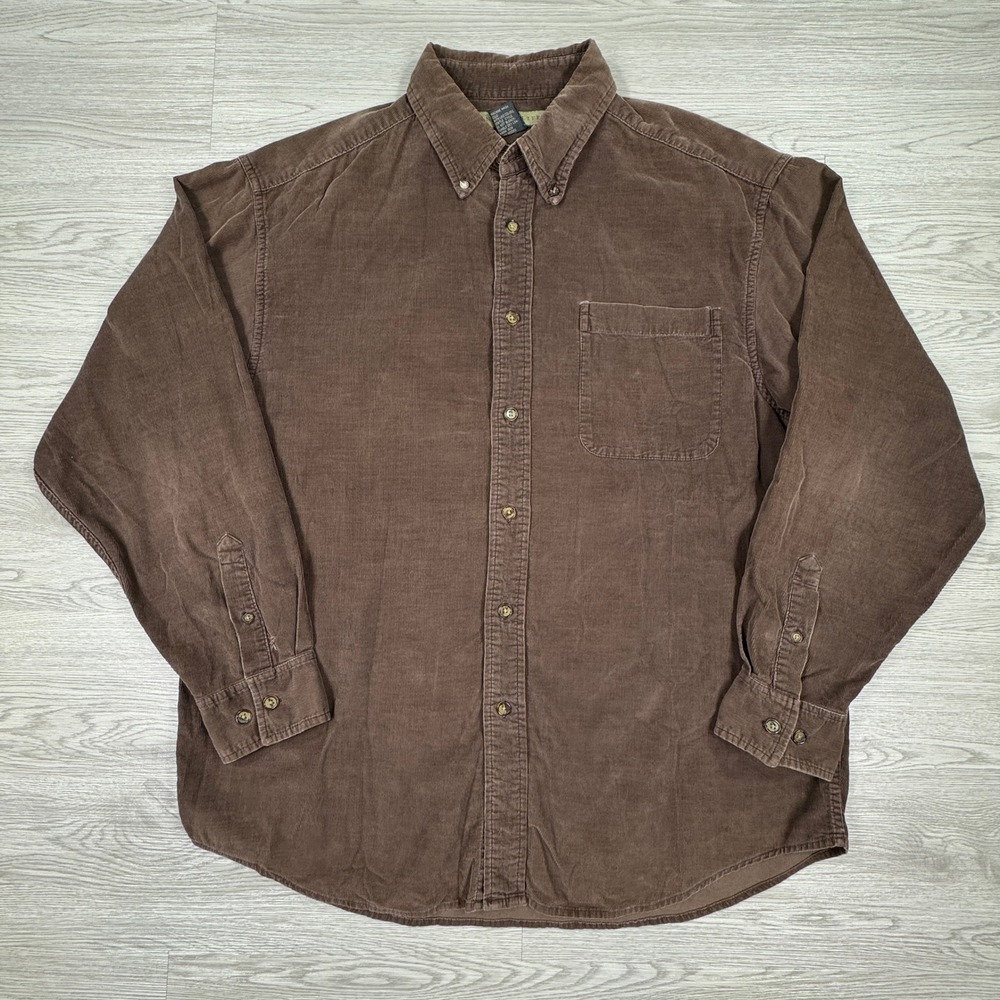 Naturalife Mens Corduroy Button Down Shirt Brown Large Long Sleeve Cotton Pocket